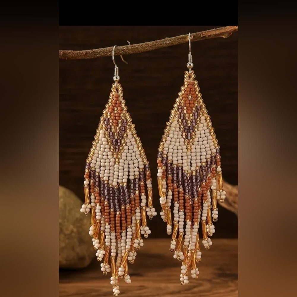 Handcrafted Brown White Bohemian Barbiecore Beaded Fringe Earrings-(#0162)